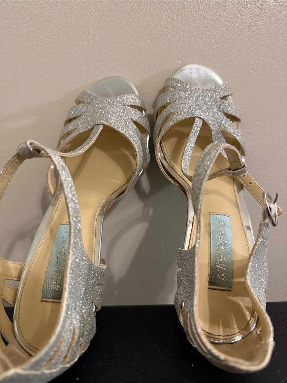 Betsey Johnson Silver Glitter Strappy Heels